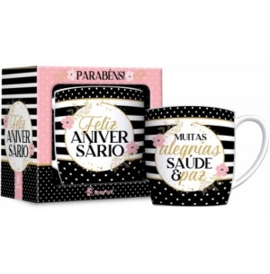 CANECA PORCELANA 300ML URBAN FELIZ ANIVERSÁRIO