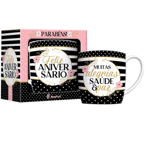 CANECA PORCELANA 300ML URBAN FELIZ ANIVERSÁRIO