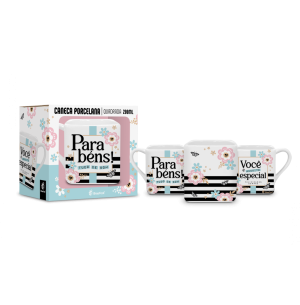CANECA PORC.220ML QUADRADA PARABÉNS TUDO DE BOM