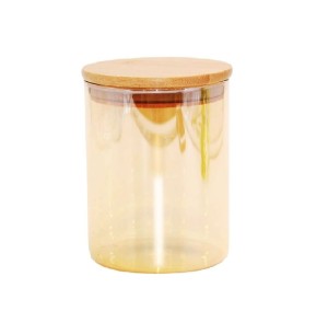 POTE VIDRO 20CM RED.TAMPA BAMBU ÂMBAR