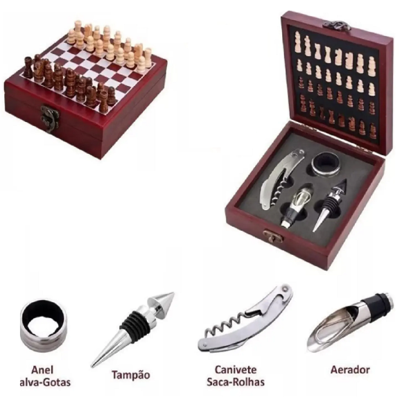 KIT ABRIDOR VINHO 4PÇS+JOGO XADREZ ESTOJO MALETA