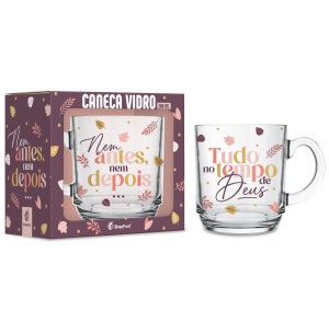 CANECA VIDRO ELEGANCE 300ML TUDO NO TEMPO DE DEUS